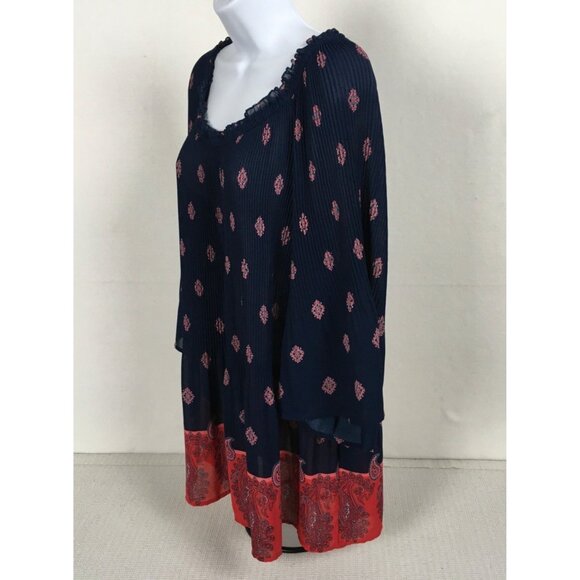 Catherines Petite Womens Top Size 2XWP Navy Blue Red Boho Print Bell Sleeve - Picture 5 of 14